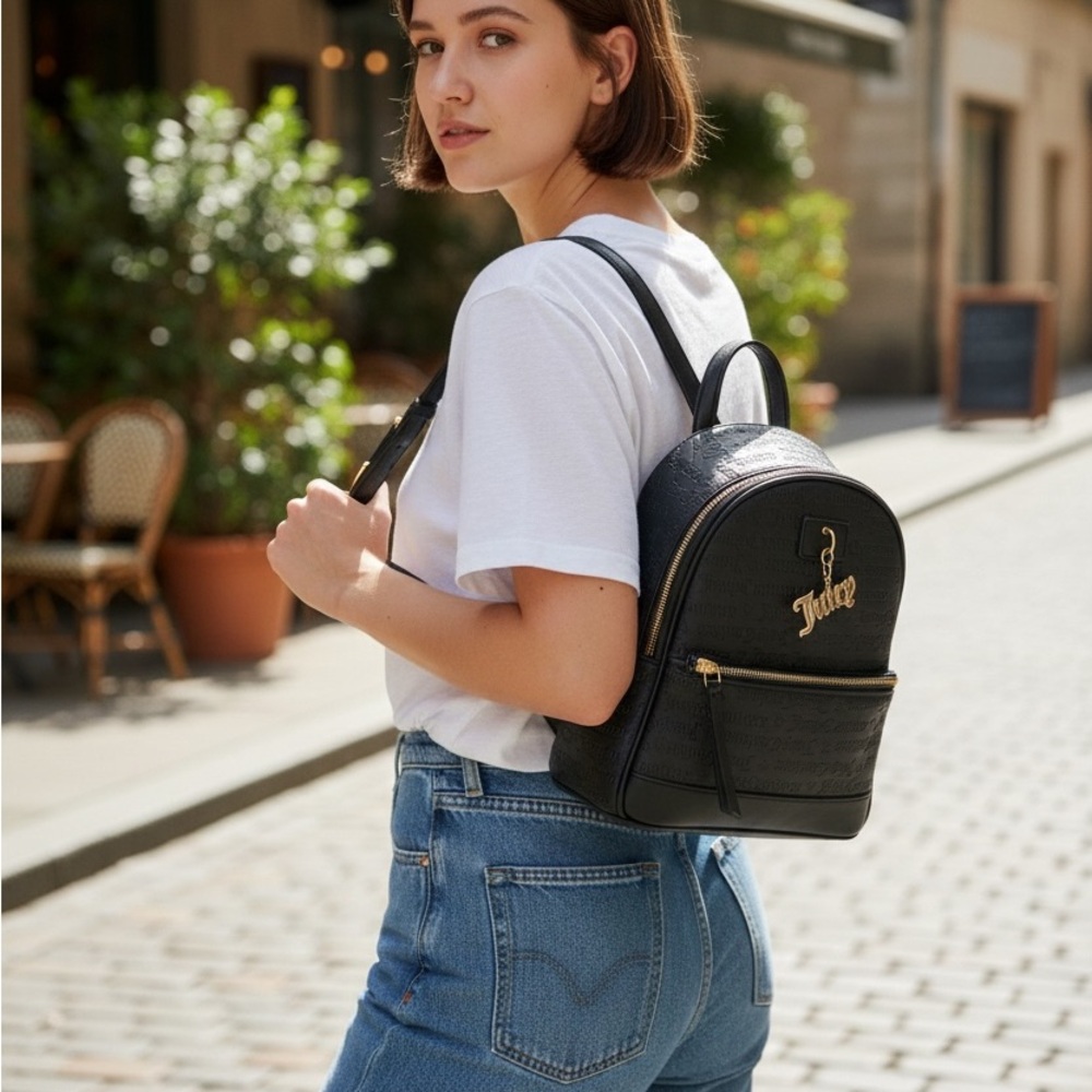 Juicy Couture Black Embossed Mini Backpack Gold Charm – 11 in - Picture 8 of 9